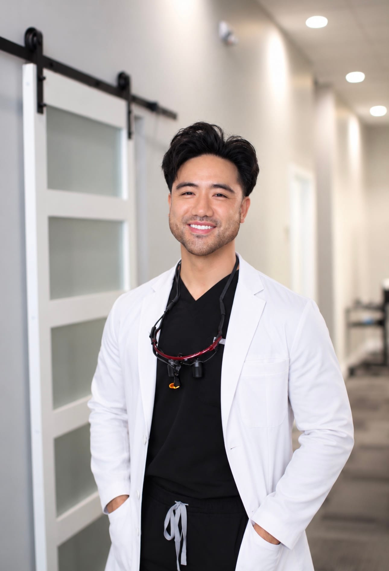 Dr. Jordan Ha stands confidently with arms crossed, wearing a white lab coat – Alki Dental